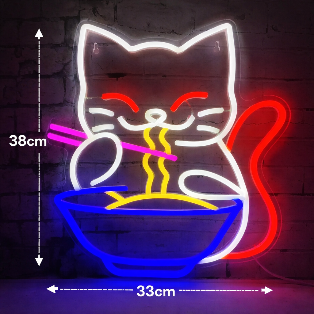 Neon de Parede Gatinho Comendo Lámen